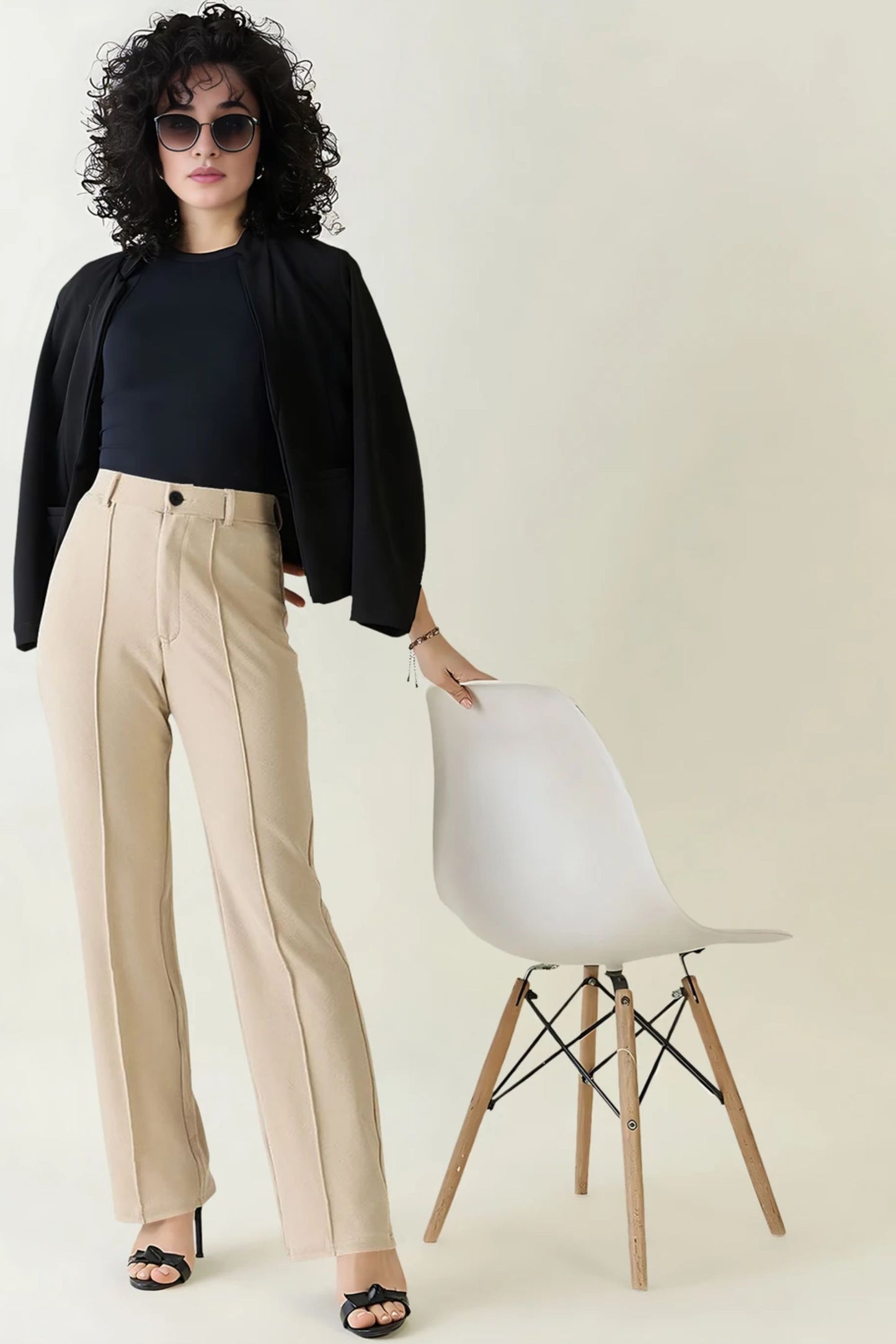 High-Waist Seam Detail Straight Leg Trousers - Beige