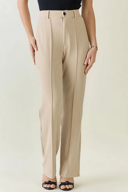 High-Waist Seam Detail Straight Leg Trousers - Beige
