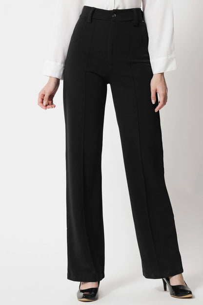 High-Waist Seam Detail Straight Leg Trousers - Black
