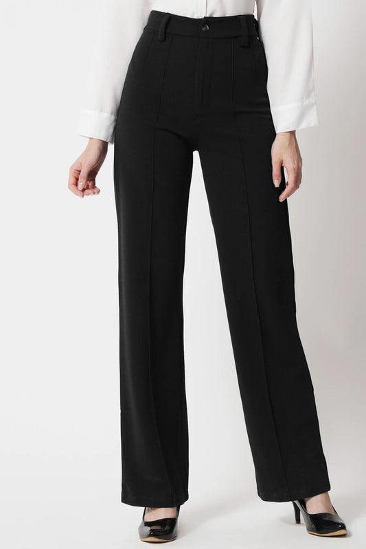 High-Waist Seam Detail Straight Leg Trousers - Black