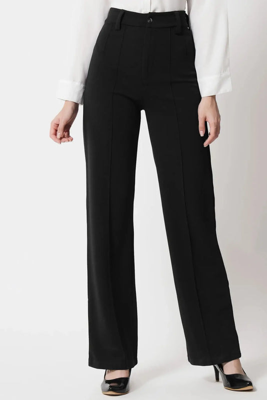 High-Waist Seam Detail Straight Leg Trousers - Black