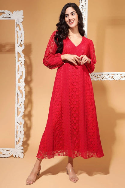 Crimson Red V-Neck Full Lace Bodycon Maxi Dress