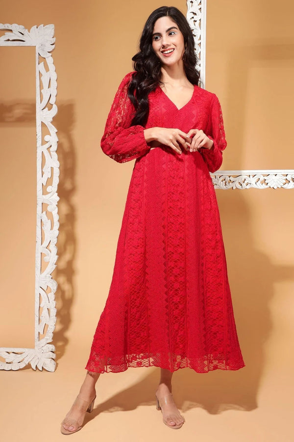 Crimson Red V-Neck Full Lace Bodycon Maxi Dress