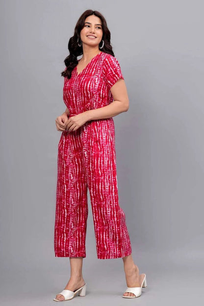 Pink Shibori Print V-Neck Jumpsuit - Wide Leg