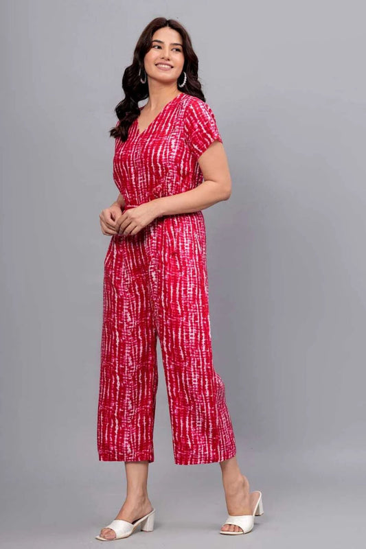 Pink Shibori Print V-Neck Jumpsuit - Wide Leg