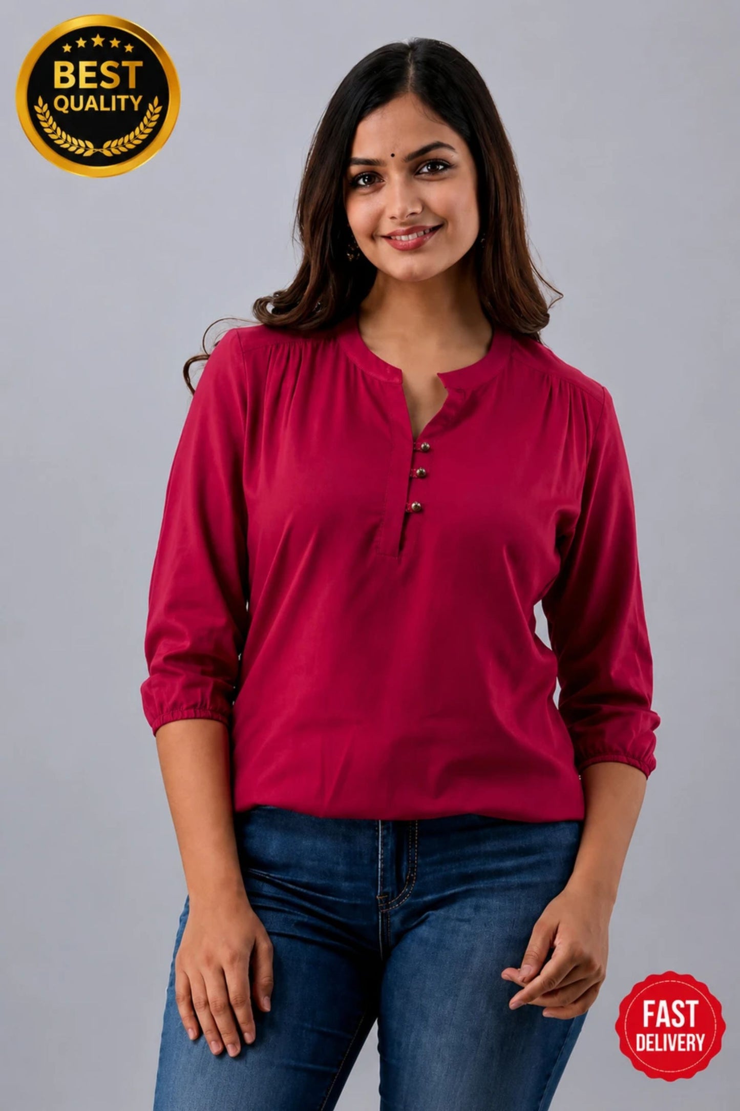 Maroon Mandarin Collar Three-Quarter Sleeve Top