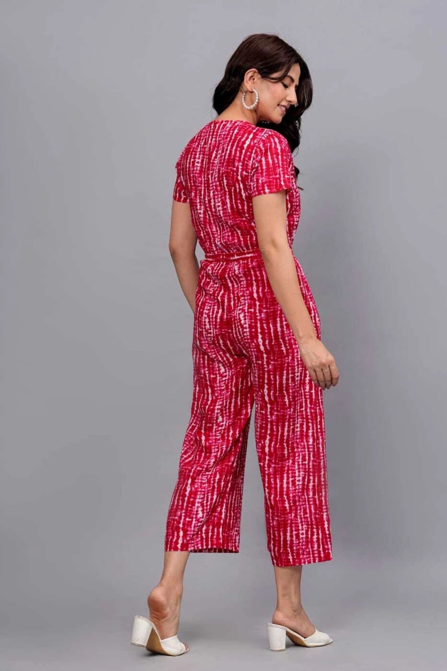 Pink Shibori Print V-Neck Jumpsuit - Wide Leg