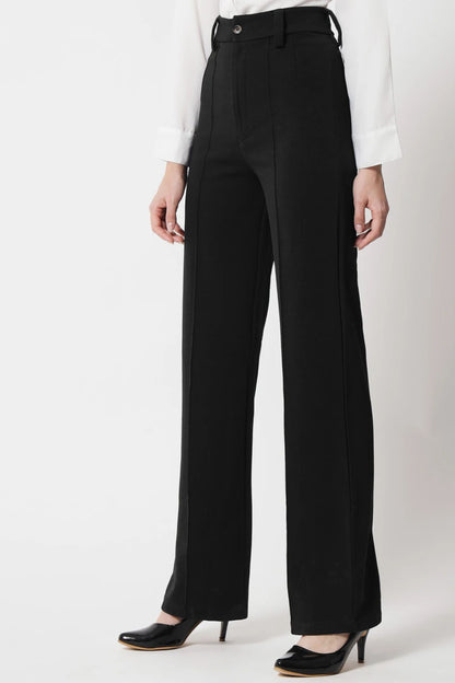 High-Waist Seam Detail Straight Leg Trousers - Black