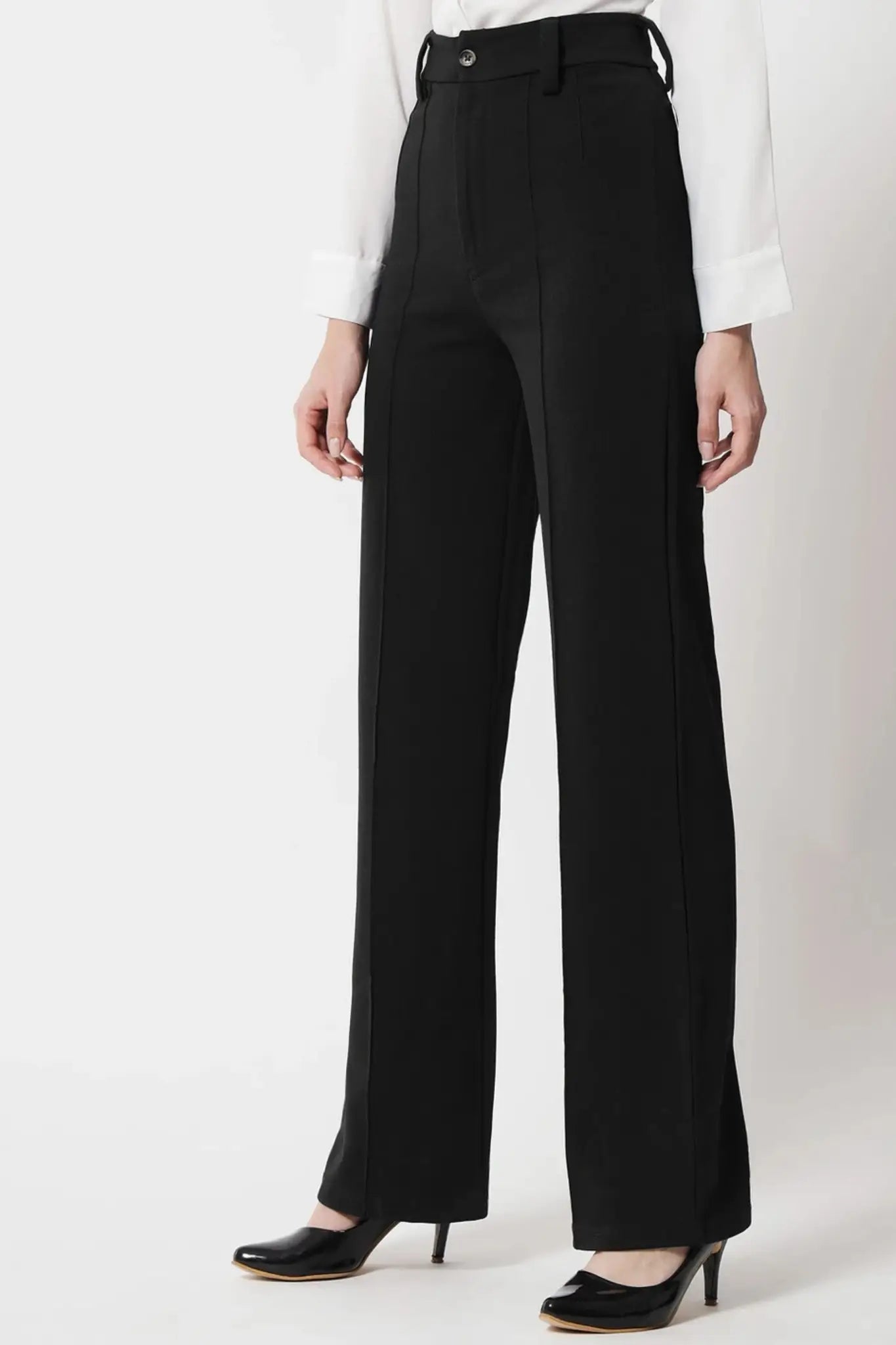 High-Waist Seam Detail Straight Leg Trousers - Black