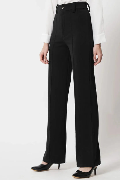 High-Waist Seam Detail Straight Leg Trousers - Black