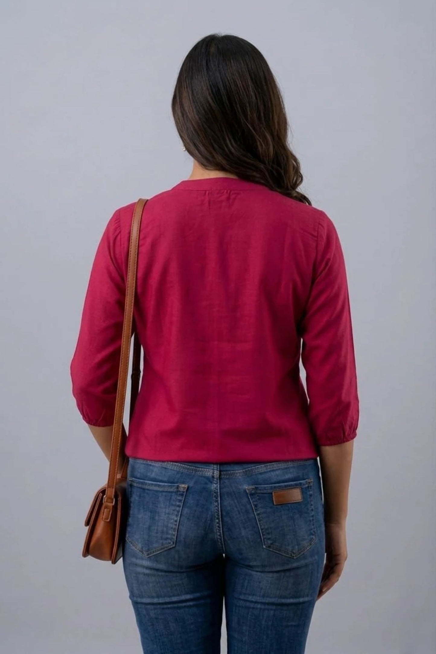 Maroon Mandarin Collar Three-Quarter Sleeve Top
