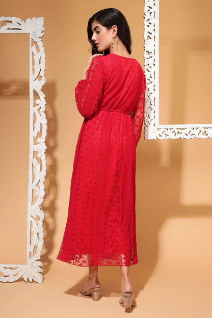 Crimson Red V-Neck Full Lace Bodycon Maxi Dress