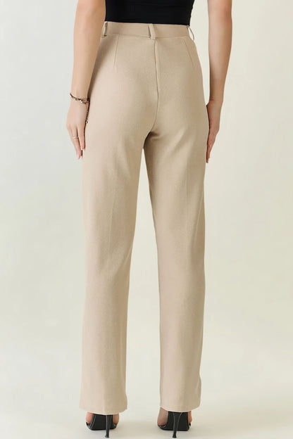 High-Waist Seam Detail Straight Leg Trousers - Beige
