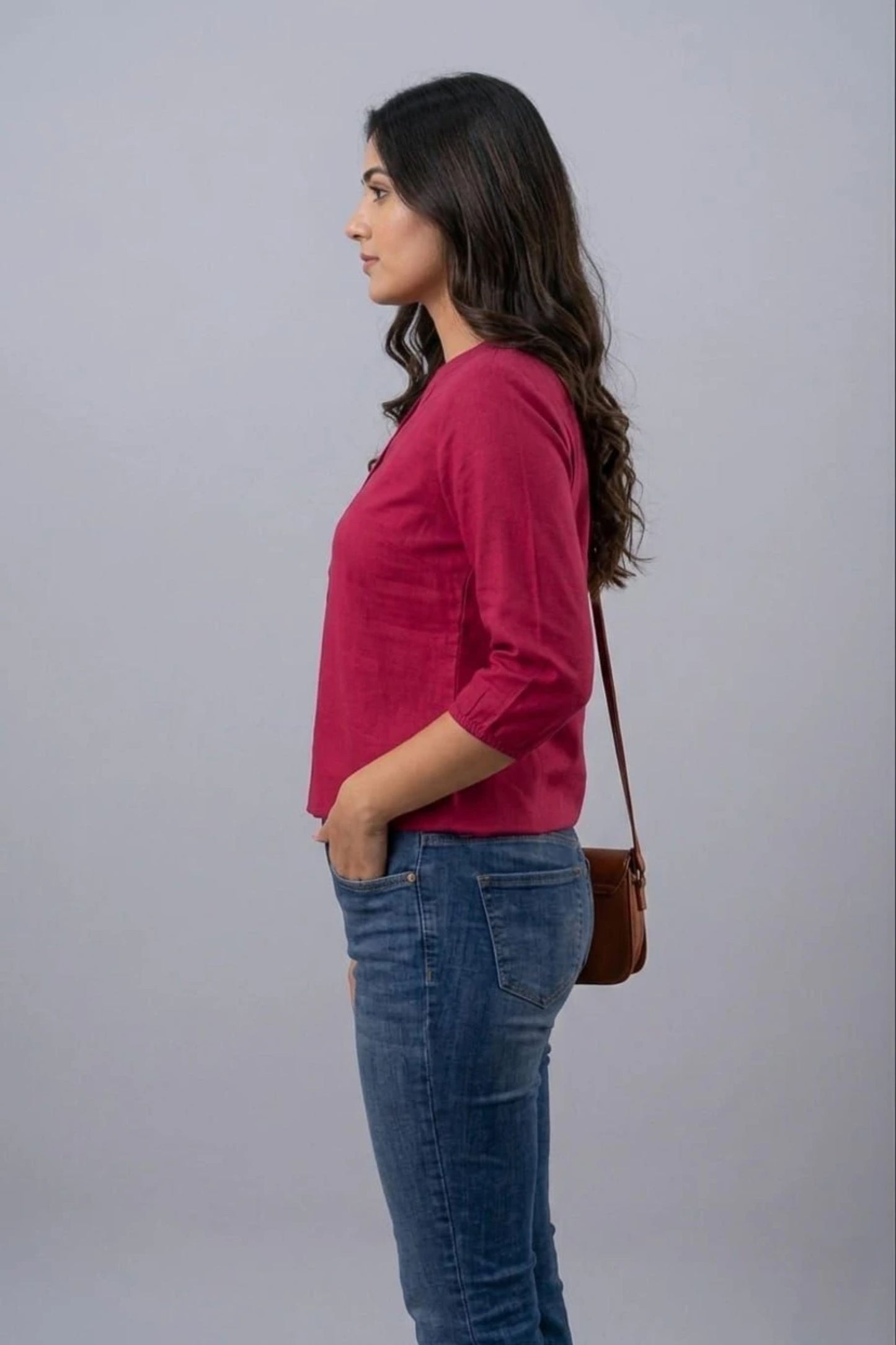 Maroon Mandarin Collar Three-Quarter Sleeve Top