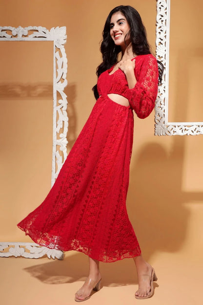 Crimson Red V-Neck Full Lace Bodycon Maxi Dress