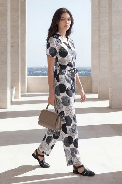 Black and White Polka Dot Notched Collar Jumpsuit