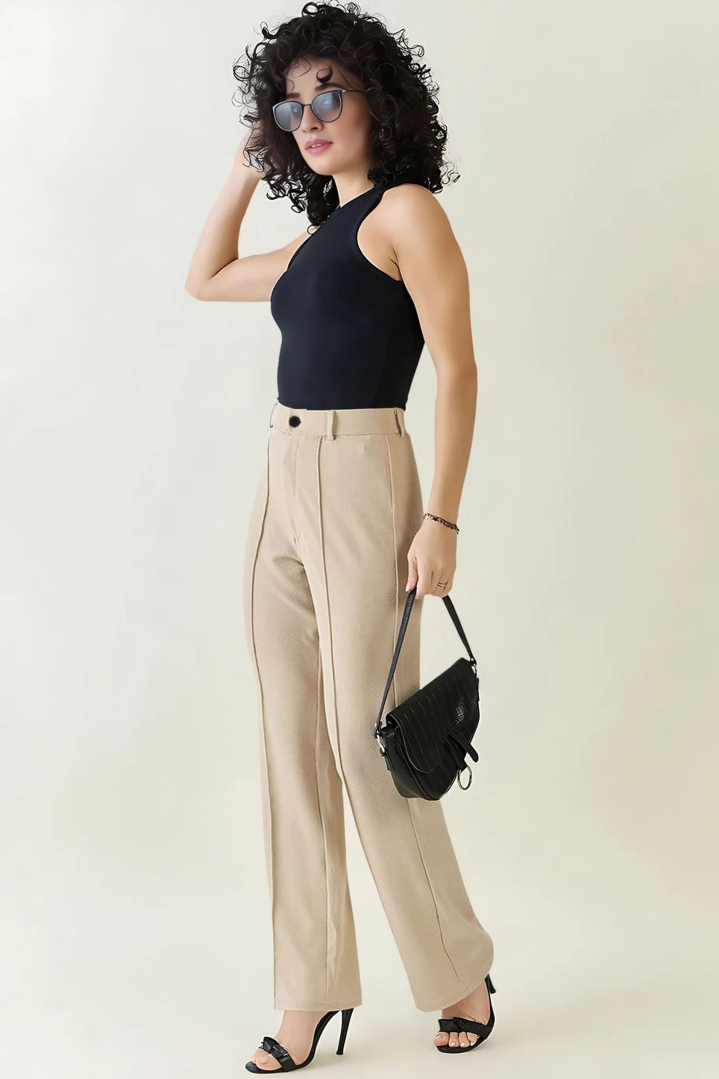 High-Waist Seam Detail Straight Leg Trousers - Beige