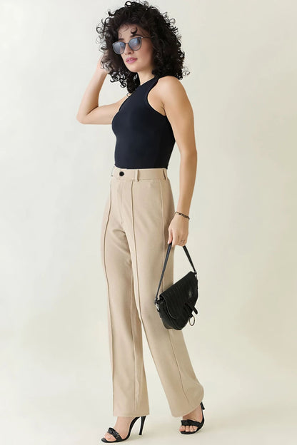High-Waist Seam Detail Straight Leg Trousers - Beige