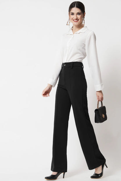 High-Waist Seam Detail Straight Leg Trousers - Black