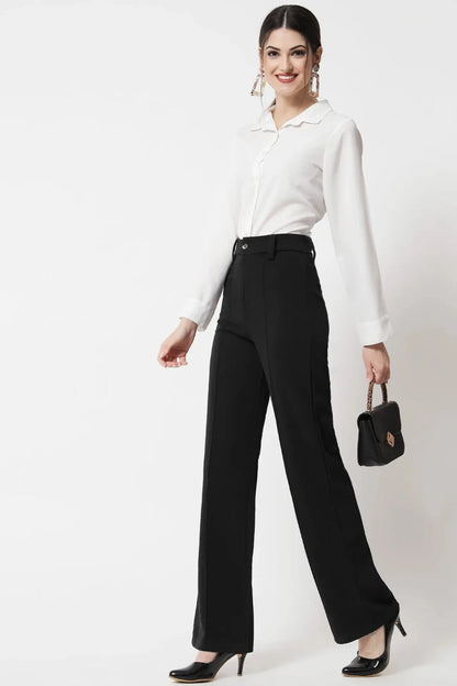 High-Waist Seam Detail Straight Leg Trousers - Black
