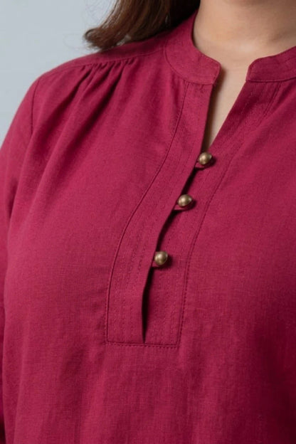 Maroon Mandarin Collar Three-Quarter Sleeve Top