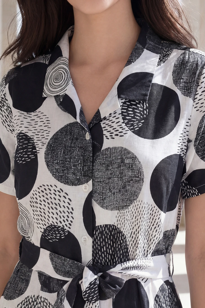 Black and White Polka Dot Notched Collar Jumpsuit