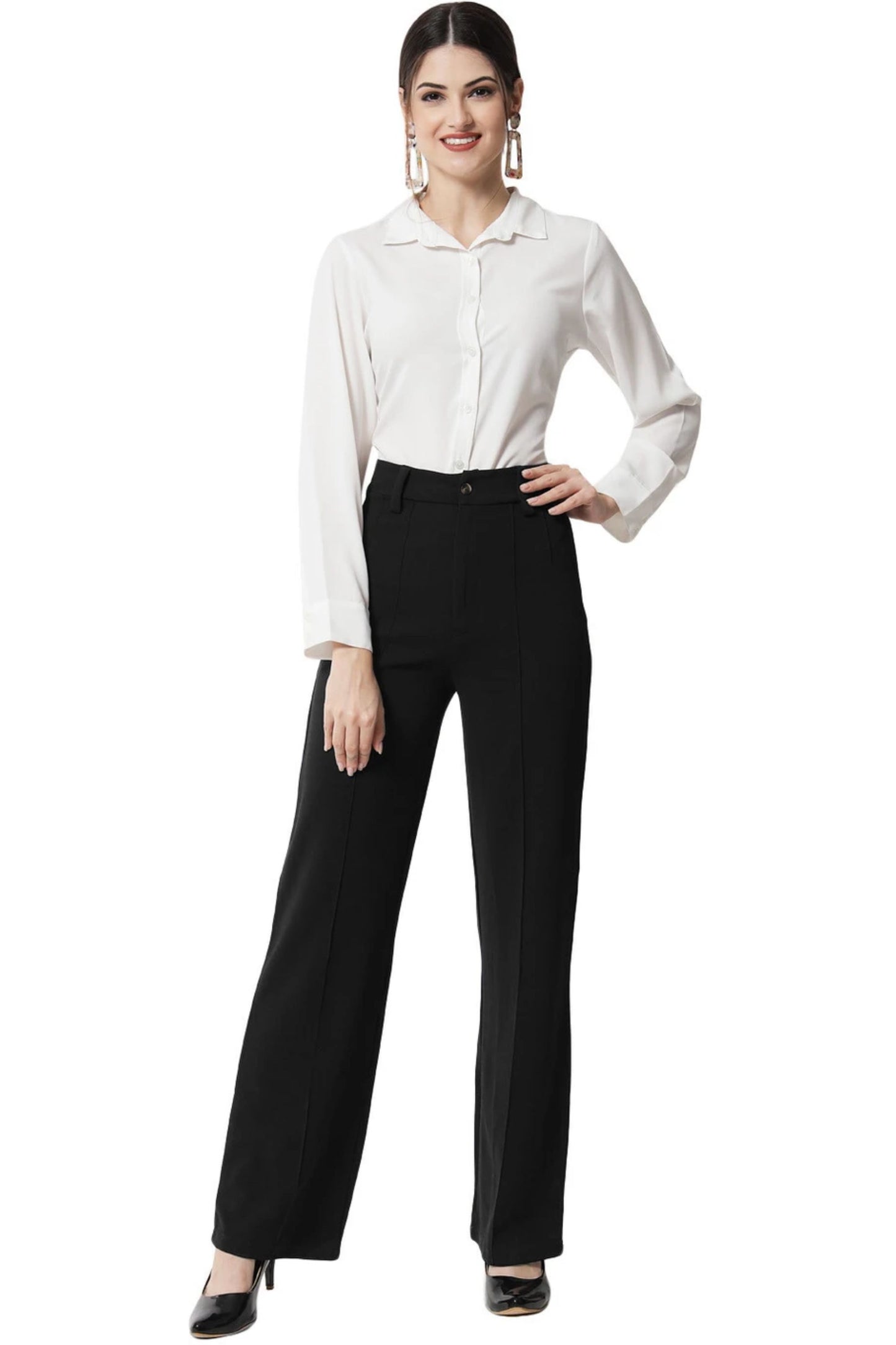High-Waist Seam Detail Straight Leg Trousers - Black
