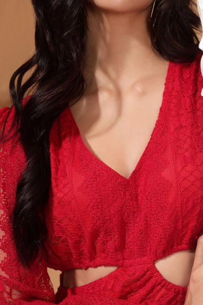 Crimson Red V-Neck Full Lace Bodycon Maxi Dress
