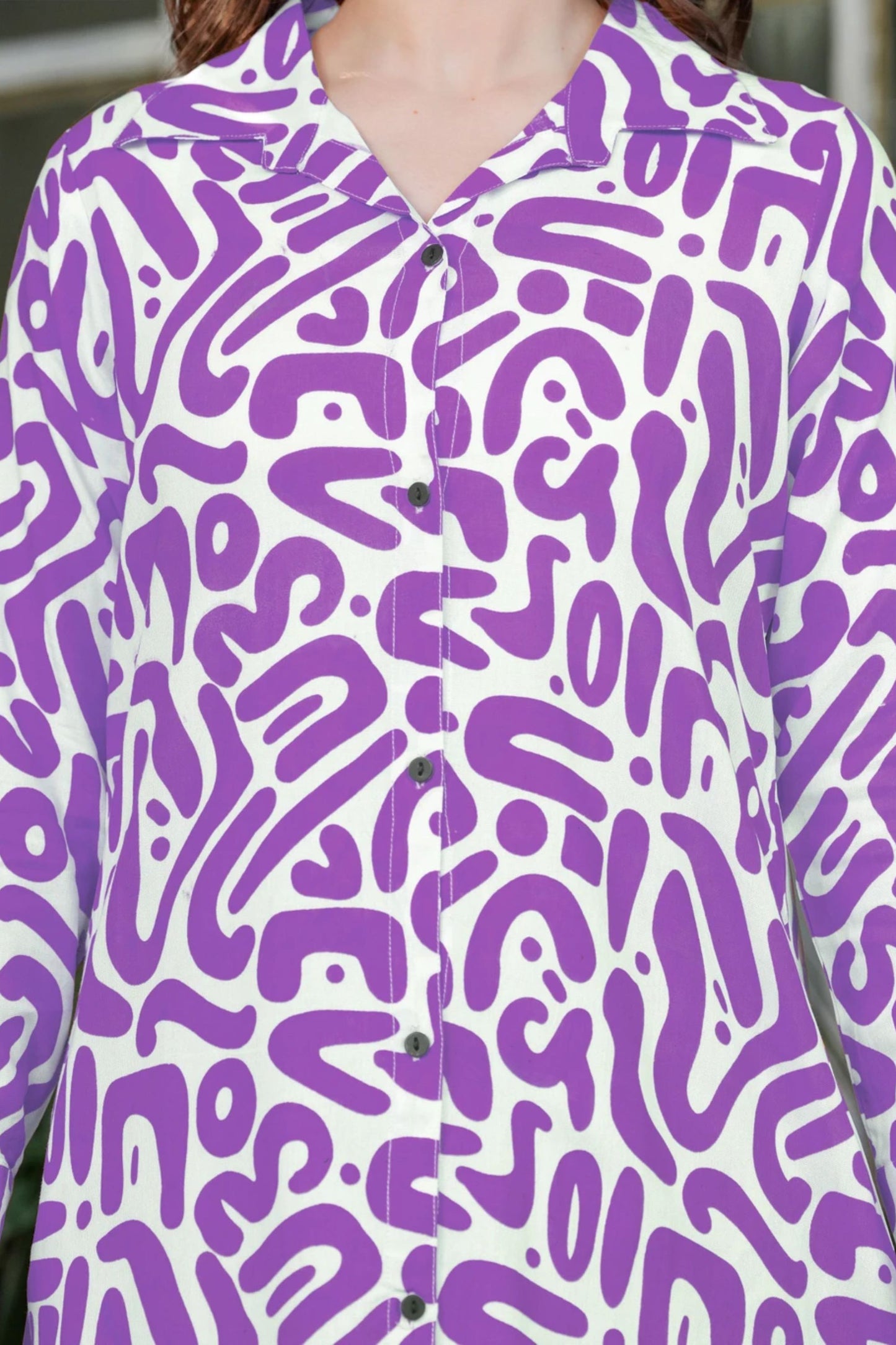Purple Abstract Doodle Print Button-Down Co-ord Set