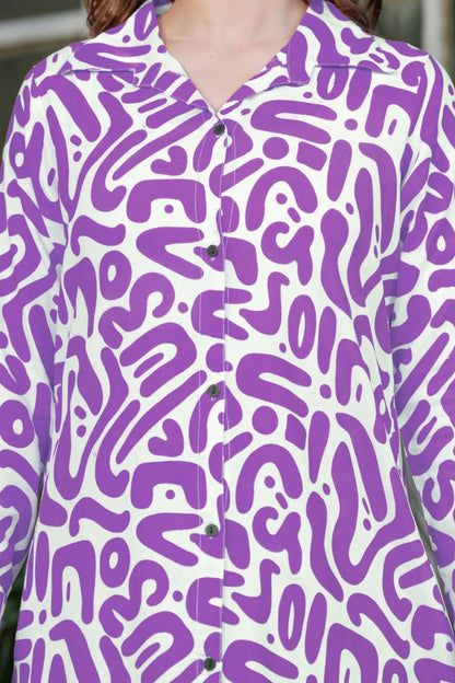 Purple Abstract Doodle Print Button-Down Co-ord Set