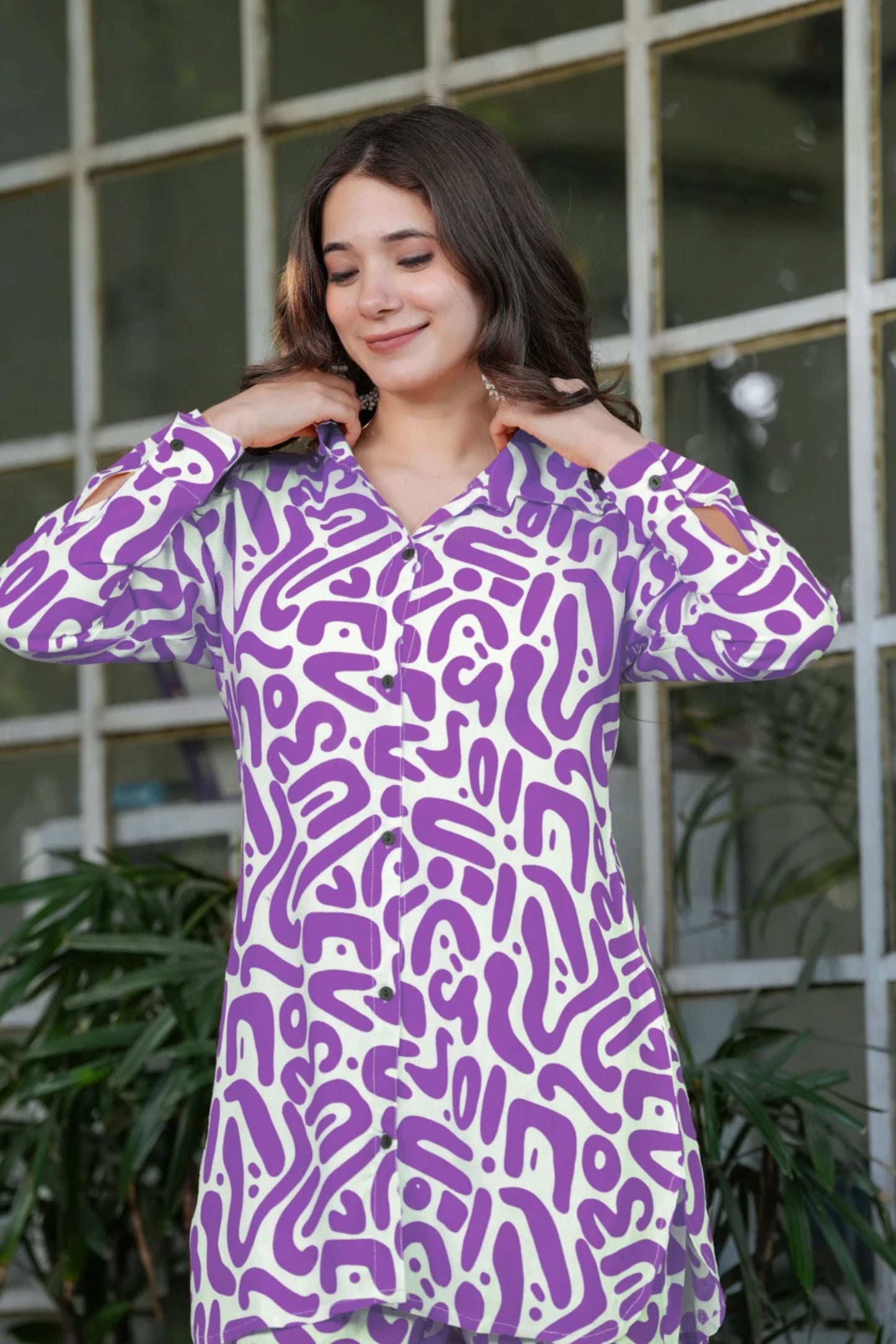Purple Abstract Doodle Print Button-Down Co-ord Set