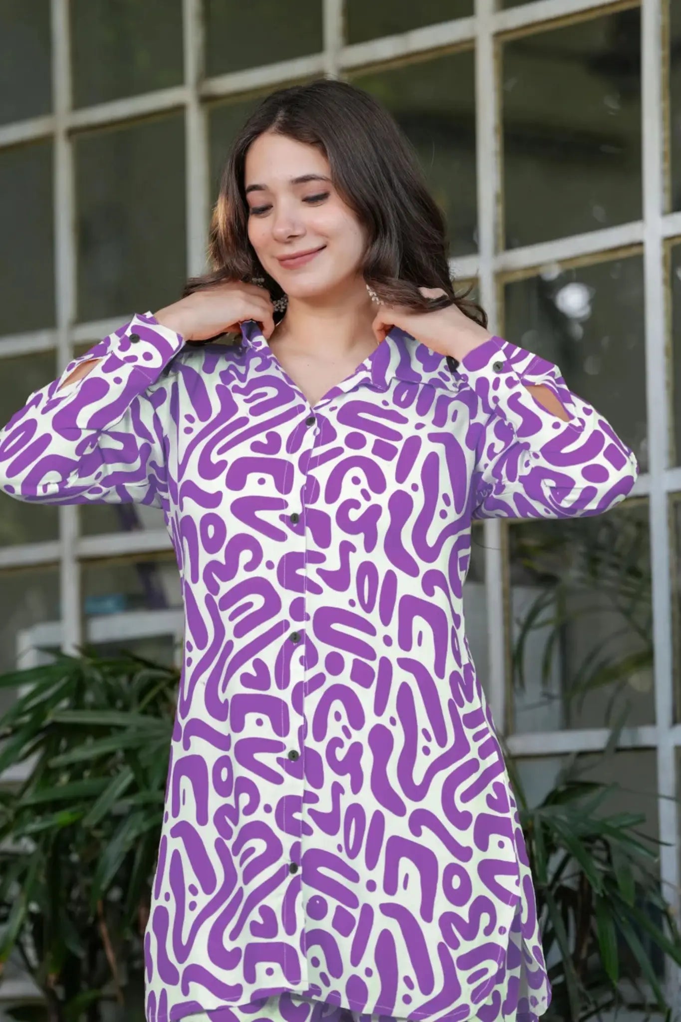 Purple Abstract Doodle Print Button-Down Co-ord Set