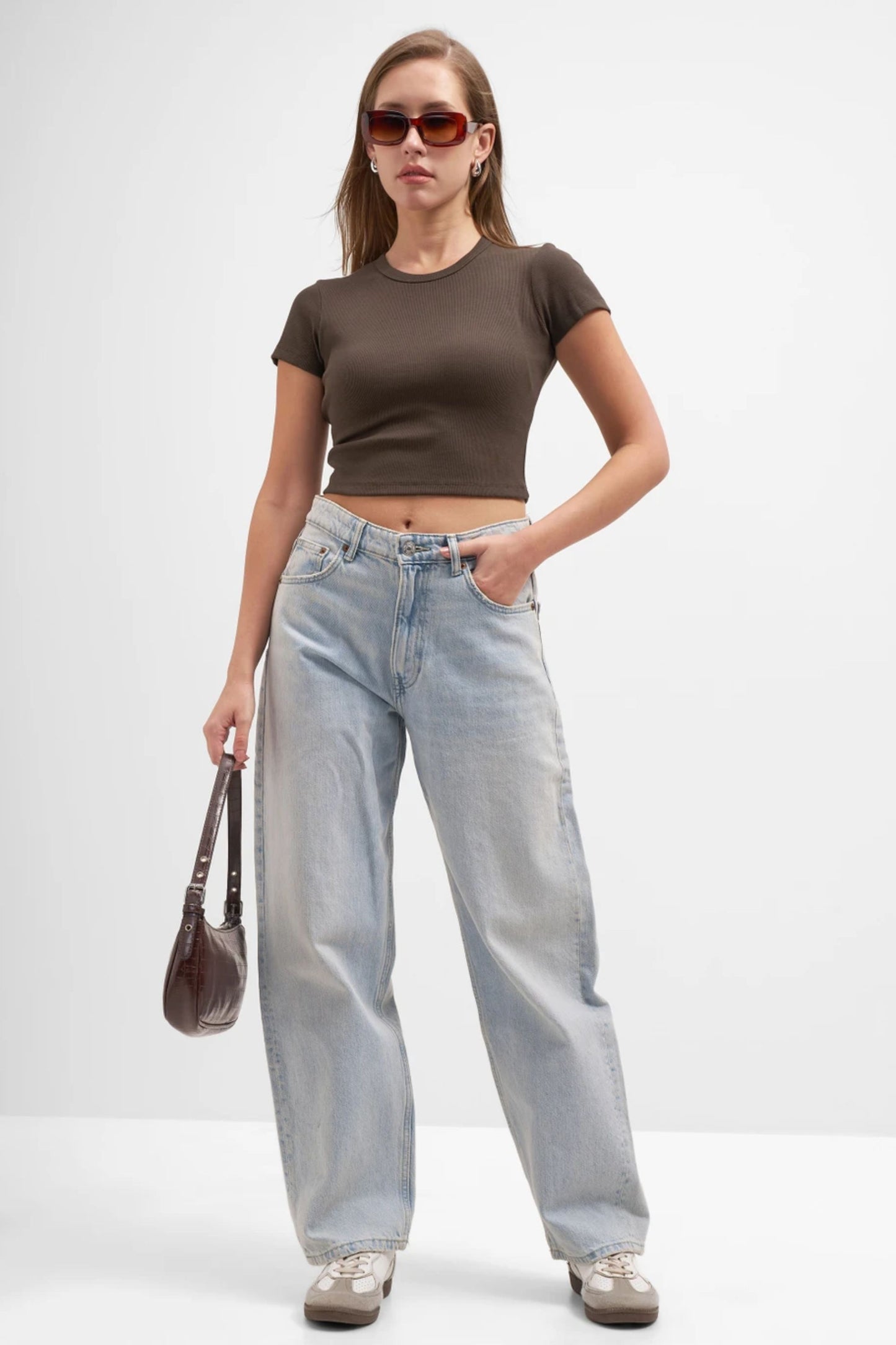 Dark Brown Crew Neck Ribbed Crop Top