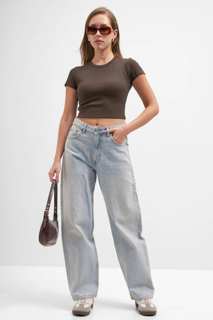 Dark Brown Crew Neck Ribbed Crop Top