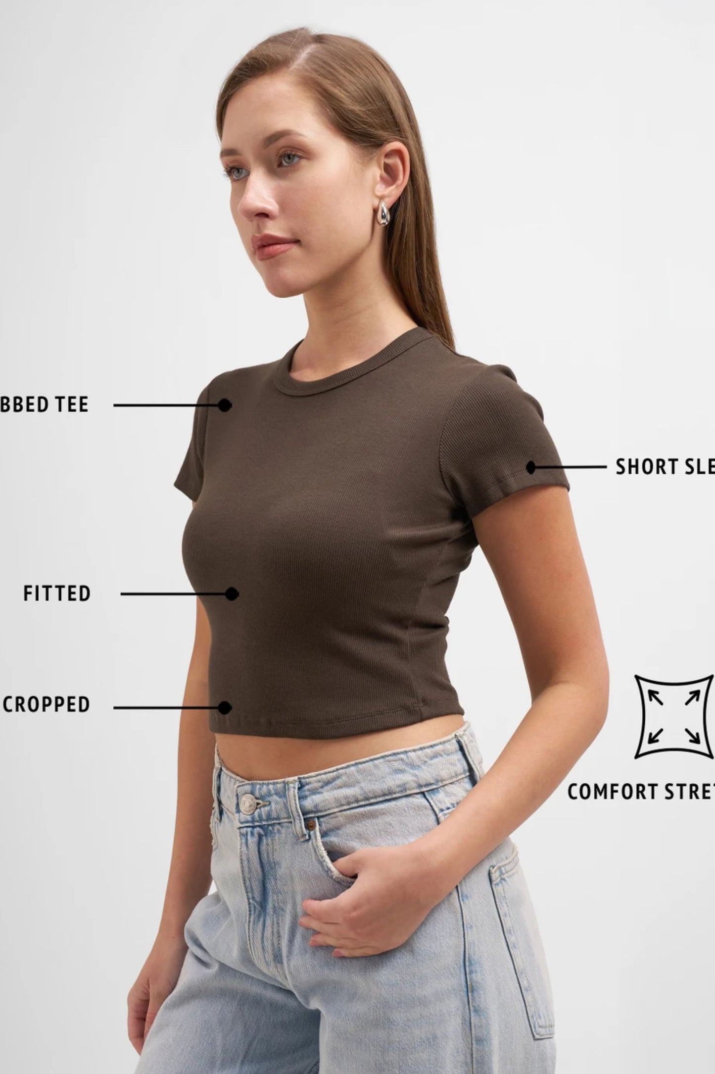 Dark Brown Crew Neck Ribbed Crop Top