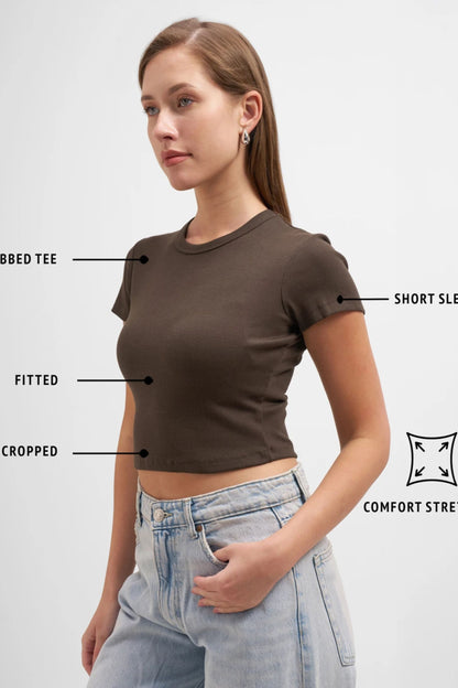 Dark Brown Crew Neck Ribbed Crop Top