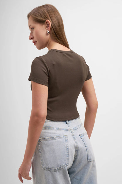 Dark Brown Crew Neck Ribbed Crop Top
