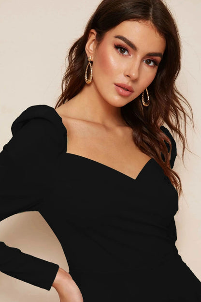 Black Sweetheart Neck Puff Sleeve Bodycon Maxi Dress